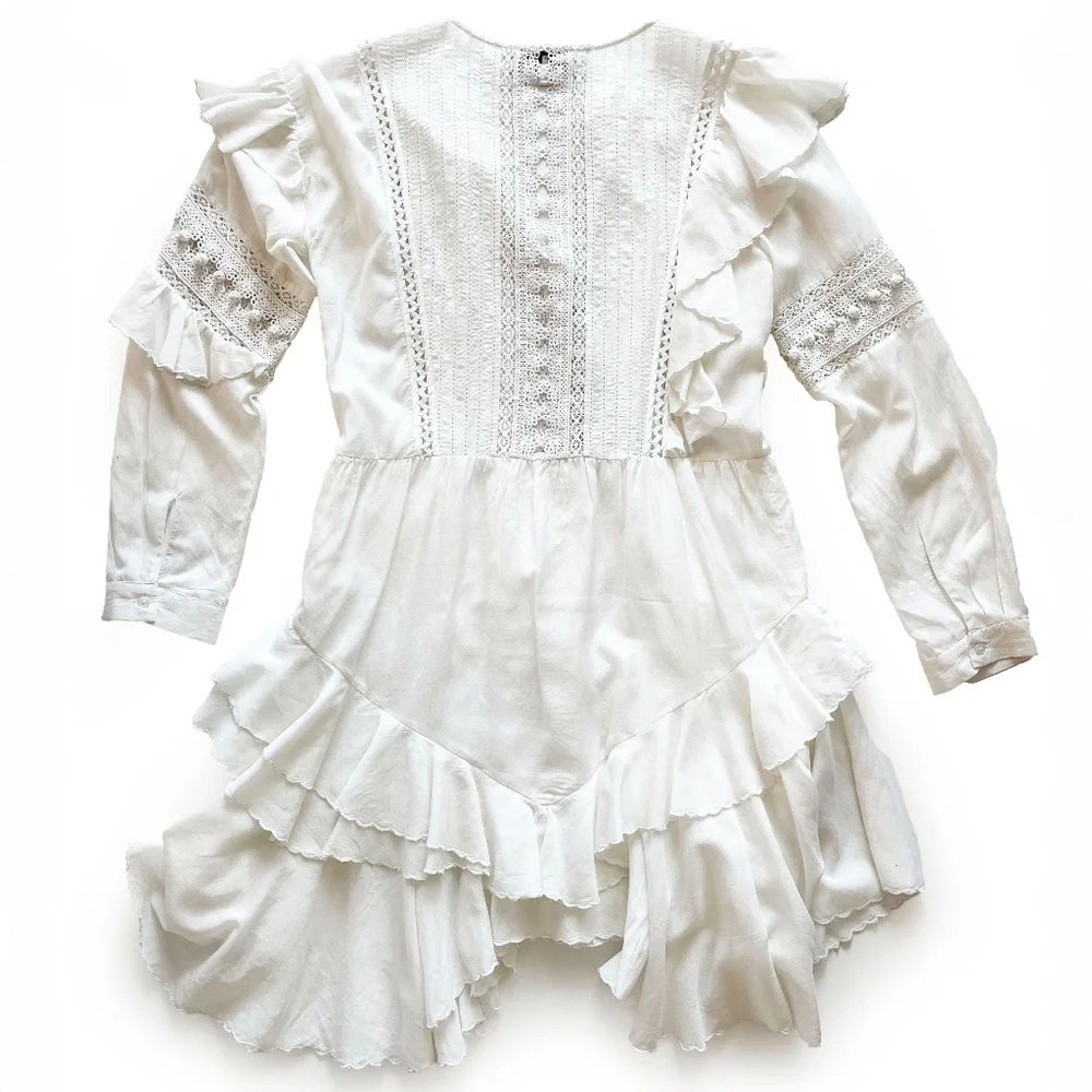 Sea New York Tie Neck Mini Dress White Size 4 Ruffle, Pom-Pom & Tassel Accents - Picture 2 of 14